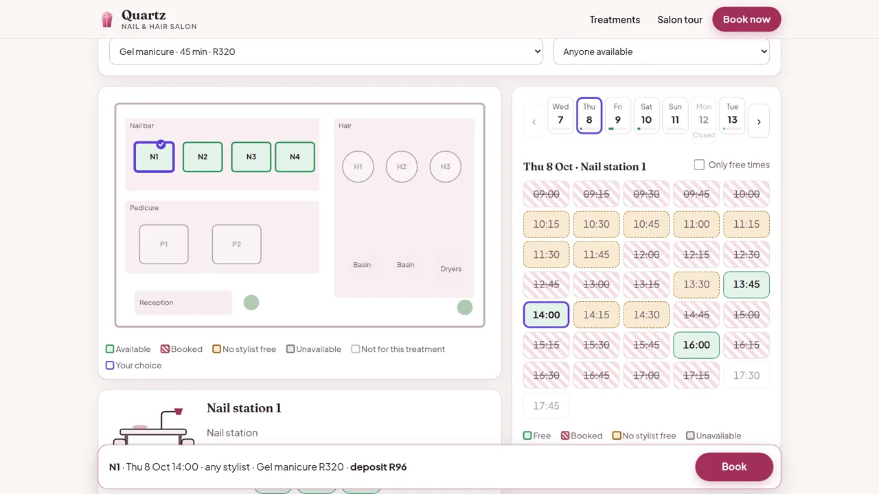 The Quartz booking page: a floor plan of the salon with nail station 1 selected, beside a calendar of free and booked times for that day
